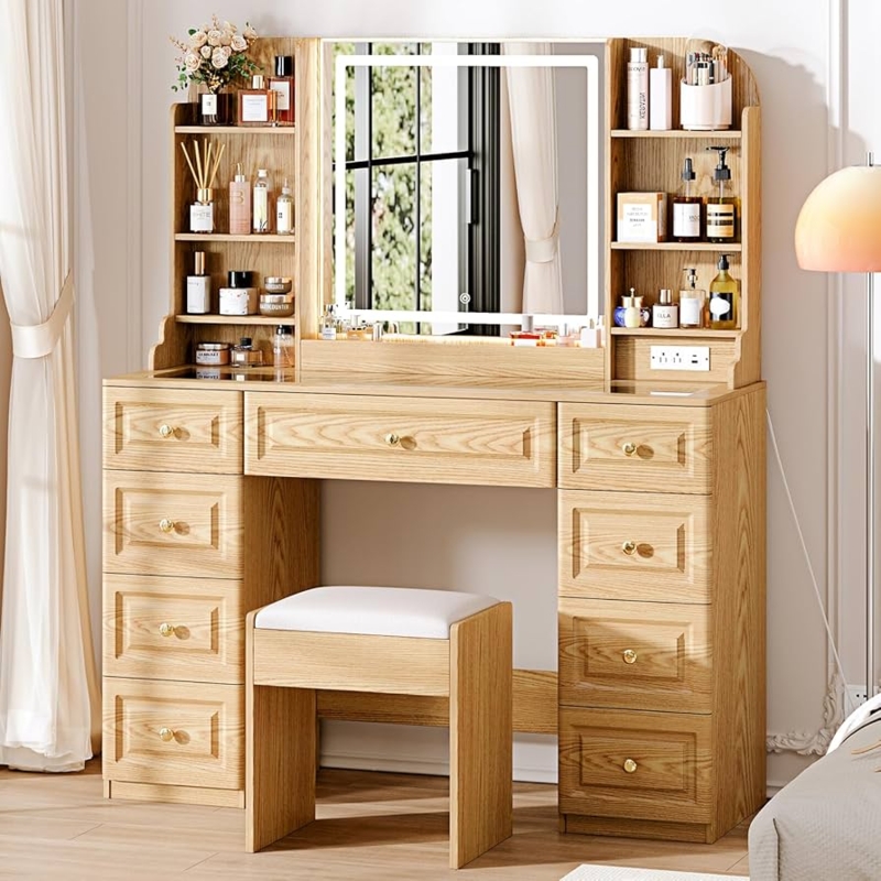 Amazon.com: Arulvmrn 43" Makeup Vanity Desk with Mirror and Lights, & Power  Outl, Glass Top Big Vanity Table with 9 Drawers& 8 Storage Shelves,  Dressing Table Set with Chair for Bedroom, Wood :