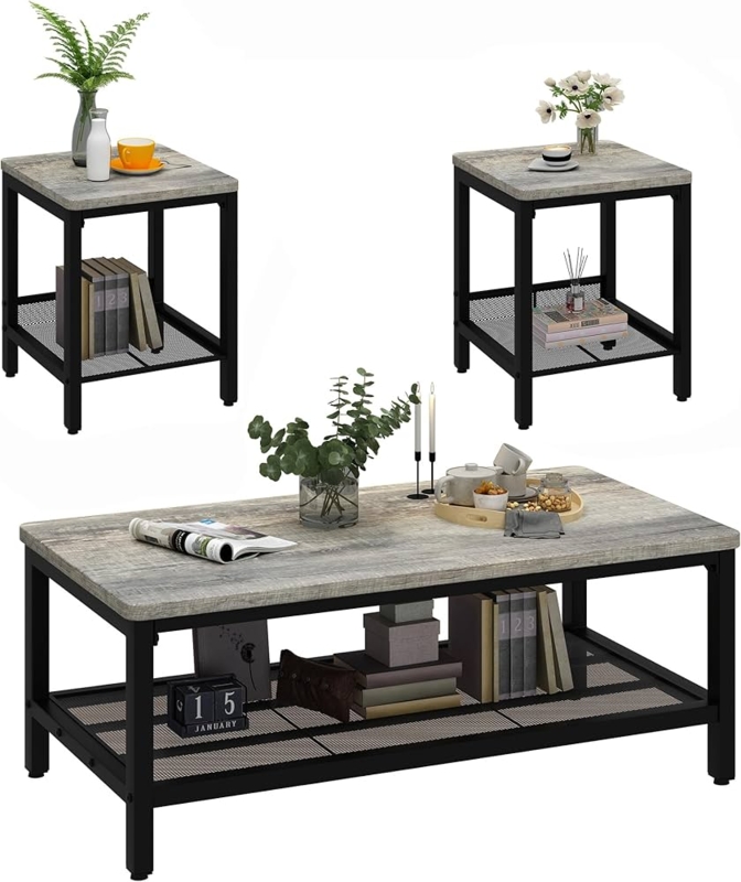 Amazon.com: AWQM Coffee Table Set of 3, Industrial Coffee Table with 2  Square End Side Tables, Modern Living Room Table Set with Metal Frame for  Apartment Home Office, Grey : Home & Kitchen