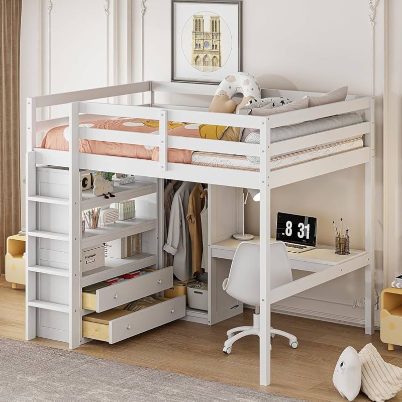 Amazon.com: Ball & Cast Wood Full Size Loft Bed with Built-in Wardrobe and  Desk,Bedframe w/Storage Shelves and Drawers,Full-Length Guard Rail,Bedroom  Furniture for Student Dorms,Apartment,White : Home & Kitchen