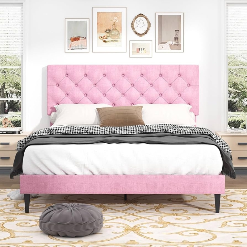 Amazon.com: BarnFurin Queen Bed Frame, Upholstered Platform Bed with Button  Tufted Headboard, Fabric Queen Size Beds with Wooden Slats Support, No Box  Spring Required, Easy Assembly, Pink : Home & Kitchen