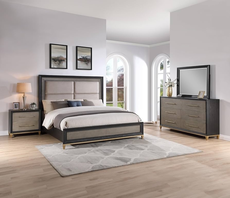 Amazon.com: Beautiful 4Pc Black Brown Finish Queen Size Panel Bed Set Solid  Wood Wooden Bedroom Furniture : Home & Kitchen