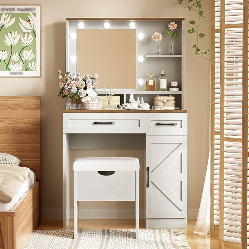 Amazon.com: Bellemave Small Farmhouse Makeup Vanity Desk with Lights and  Mirror, Vanity Table with 2 Drawers & Shelves, Rustic Small Vanity Set for  Bedroom, Stool Included, 31.5'', Antique White : Home &