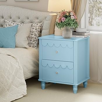 Amazon.com: Blue Nightstand Side End Table with 2 Drawers, Modern Night  Stand with Petal Pattern for Bedroom, Scalloped Bedside Night Tables with  Solid Wood Legs : Home & Kitchen