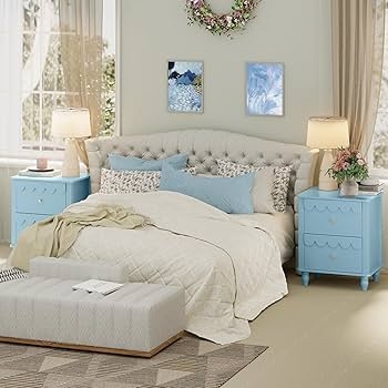 Amazon.com: Blue Nightstand Side End Table with 2 Drawers, Modern Night  Stand with Petal Pattern for Bedroom, Scalloped Bedside Night Tables with  Solid Wood Legs : Home & Kitchen