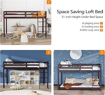 Amazon.com: Bonnlo Low Loft Bed Full Size with Inclined Stairs, Junior Loft  Bed with High Guard Rail for Kids/Young Teens/Adults, Solid Wood Low Bunk  Bed Full Size Espresso, No Box Spring Required :