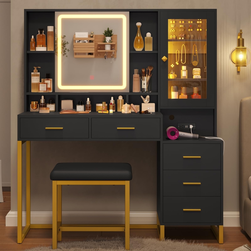 Amazon.com: BTHFST Makeup Vanity with Upholstered Stool & Charging Station, Vanity  Desk with Mirror and Lights & Jewelry Storage, Vanity Table Set with RGB  Lights & 5 Drawers & Shelves, Black &