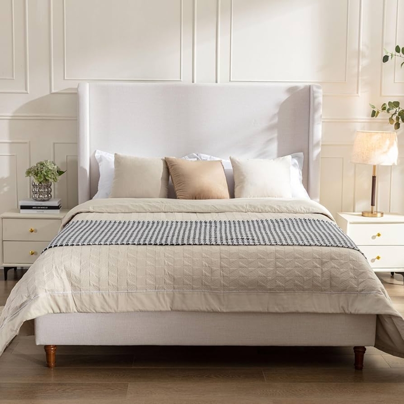 Amazon.com: DGSPVCT Queen Size Upholstered Bed Frame, Harper 54" Tall  Headboard Platform Beds, Wingback Headboard Bedframes/No Box Spring  Needed/Easy Assembly/Elegant Simplicit, Ivory Chenille : Home & Kitchen