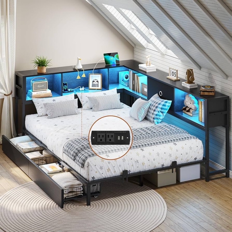 Amazon.com: DICTAC Full Corner Bed Frame with Bookcase Storage and Led  Lights Metal Platform Bed Frame Full Size with Storage Drawers & Charging  Station Full Size Daybed for Teen/Adult,No Box Spring Needed,Black :