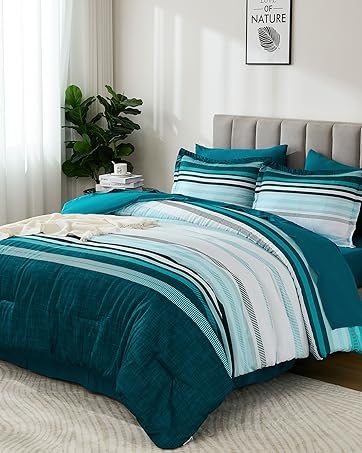 Amazon.com: Dobuyly Teal Queen Comforter Set 7 Pieces, Blue Boho Striped Bed  in a Bag Queen Size Soft Microfiber All Season Bedding Set with Comforter,  Sheets, Pillowcases & Shams : Home &
