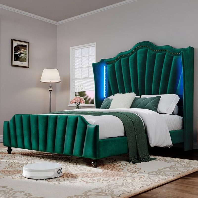 Amazon.com: DWVO Queen Size Platform Bed Frame with 60" Tall Wingback  Headboard and Footboard, Velvet Upholstered Bed with LED Light, Solid Wood  Leg, No Box Spring Needed, Easy Assembly, Green : Home