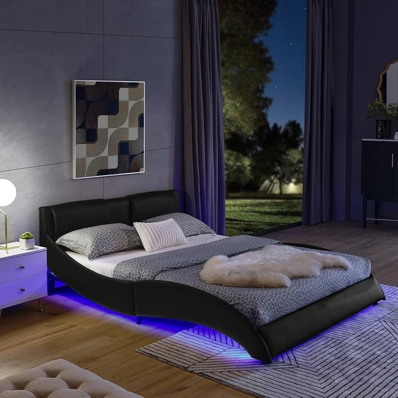 Amazon.com: ECLYL Full Led Bed Frame with Headboard Modern Upholstered Full  Platform Bed Frame with LED Lights Faux Leather Wave Like Curve Low Profile  Bed Frame Full Size,Wood Slats Support (Black+allotype+lamp) :
