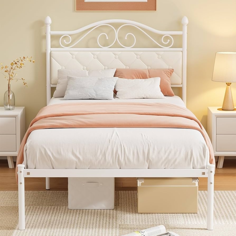 Amazon.com: Elephance Twin Bed Frame with Upholstered Headboard Metal  Platform Bed with 11.2 Inchs Storage Space Button Tufted No Box Spring  Needed Easy Assembly,White : Home & Kitchen