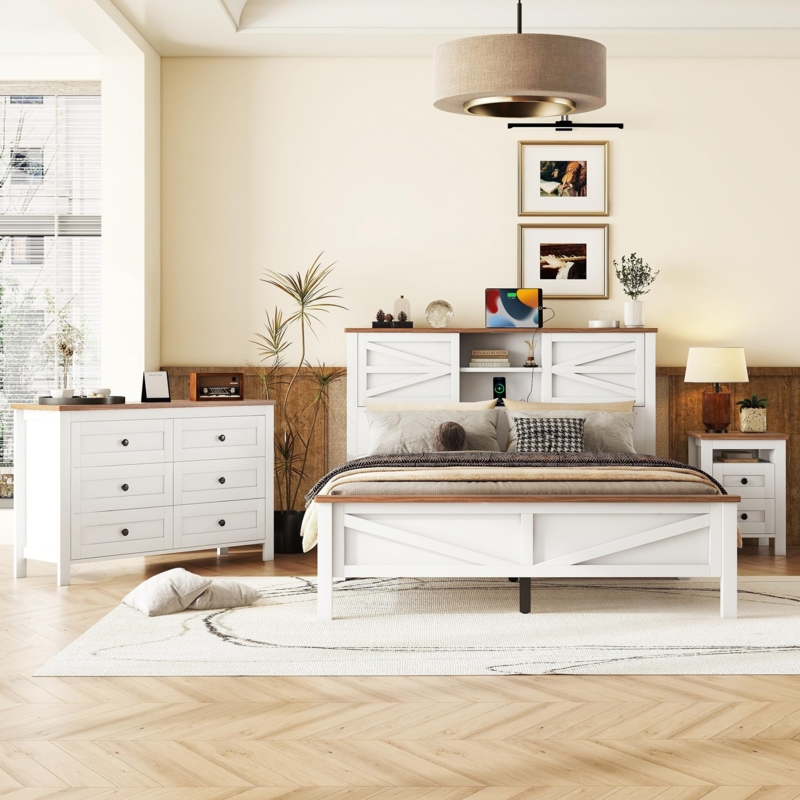Amazon.com: Farmhouse 3-Pieces Bedroom Sets, Queen Size Platform Bed with a  Nightstand and 6-drawer Storage, Wood Platform Bed with Double Sliding Door  Storage Headboard and Charging Station (White+Brown-3) : Home & Ki