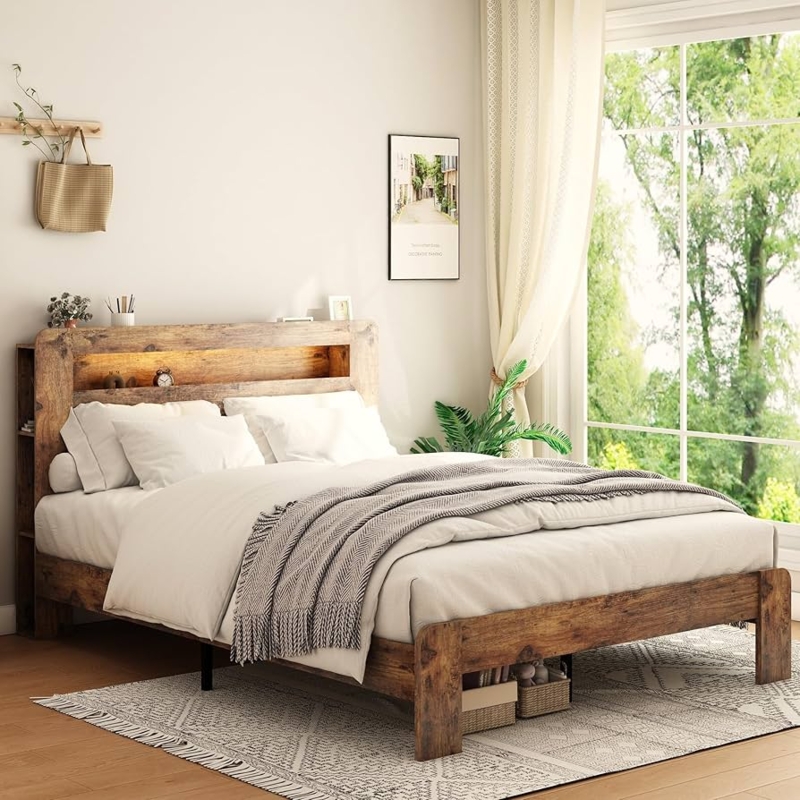 Amazon.com: Farmhouse King Size Wood Bed Frame with Storage  Headboard,Wooden Bed Frame with Charging Station & Bookcase, 2 USB Ports &  2 AC Outlets, Sturdy Wood Platform Framework, Noiseless, Country Rustic :