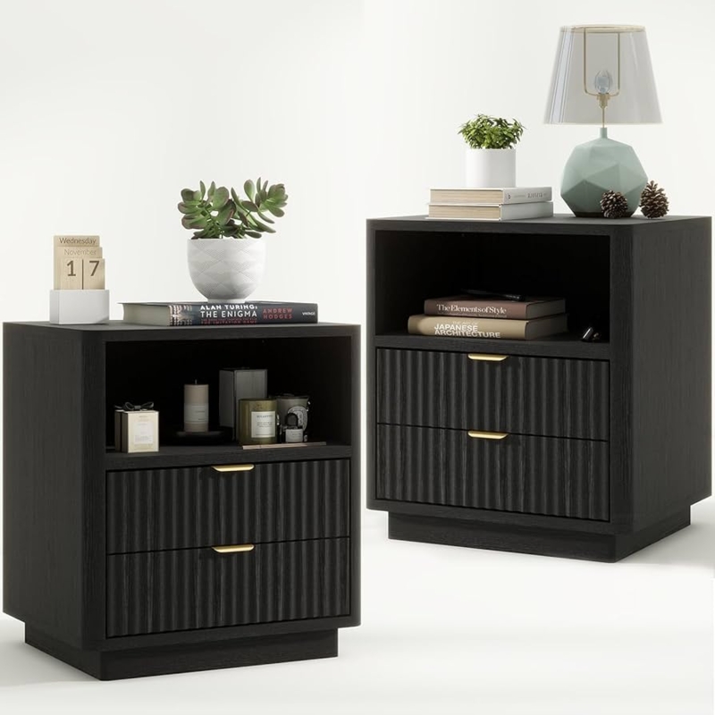 Amazon.com: Fluted Nightstands Set of 2, Black Night Stands with 2 Drawers  and Open Shelves, Wooden Nightstand Modern Design Night Stand for Bedroom  Sofa Office (2, Black) : Home & Kitchen