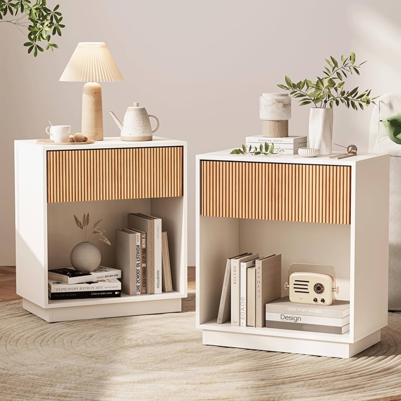 Amazon.com: Fluted Nightstands Set of 2, Modern Bedside Table with Drawer  and Storage Shelf, Wood End Table Mid Century Night Stands for Bedroom  Living Room Sofa Couch Office (White+Oak) : Home &