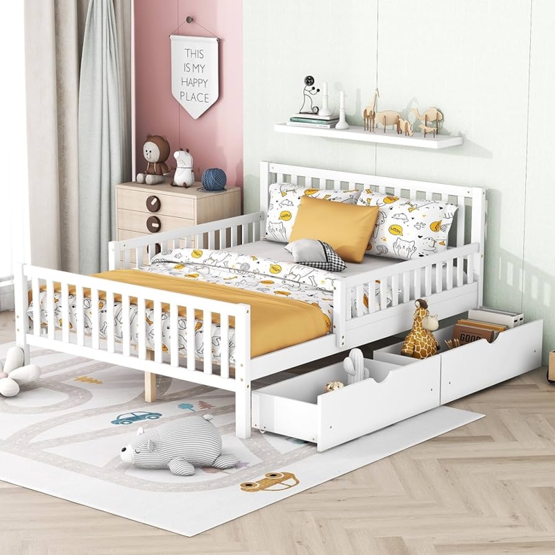 Amazon.com: Full Size Platform Bed with Guardrails on Both Sides and 2  Storage Drawers, Wood Platform Bed Frame with Headboard and Footboard for  Kids Teens Boys Girls, No Spring Box Required (White-s141) :