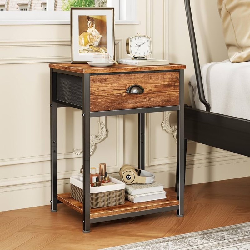 Amazon.com: Furologee End Table with Storage Shelf and Fabric Drawer, 2  Tiers Industrial Nightstand, Bedside Table Organizer for Living Room  Bedroom, Rustic Brown, Easy Assembly : Home & Kitchen