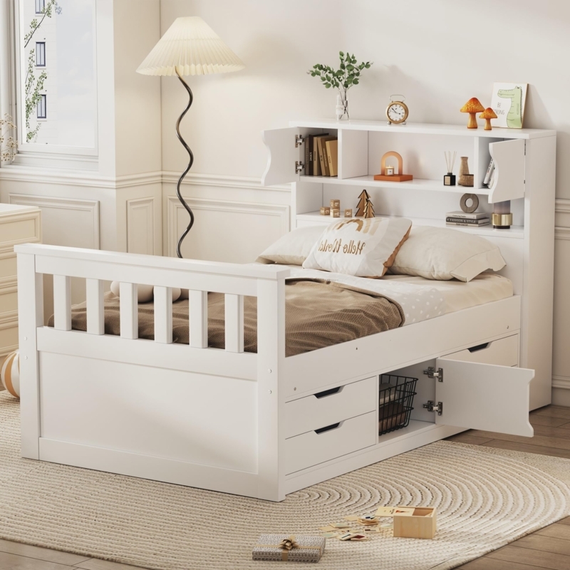 Amazon.com: Harper & Bright Designs Twin Size Captain Platform Bed with  Bookcase Headboard, Wood Twin Bed Frame with Storage Drawers and Shelves,  for Kids Teens Adults - White : Home & Kitchen