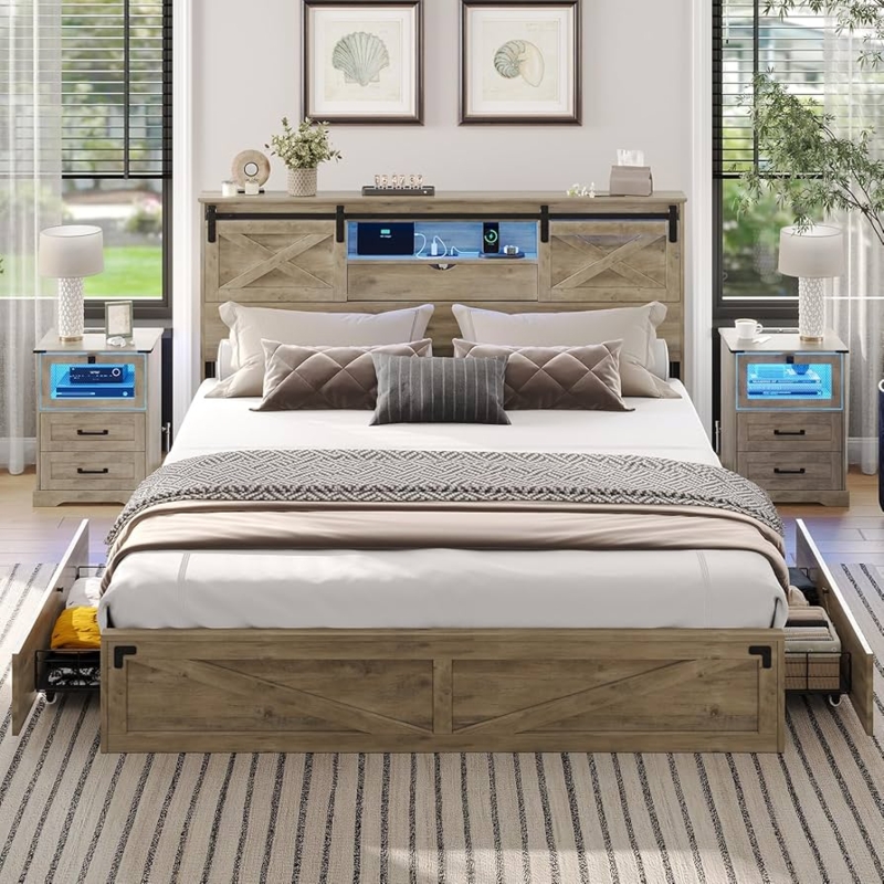 Amazon.com: Hasuit Farmhouse Bed Frame California King Size with Storage  Bookcase Headboard, Wooden Cal King Bed with LED Lights, Charging Station,  2 Drawers, Country Rustic Bed Frame with Sliding Barn Door :