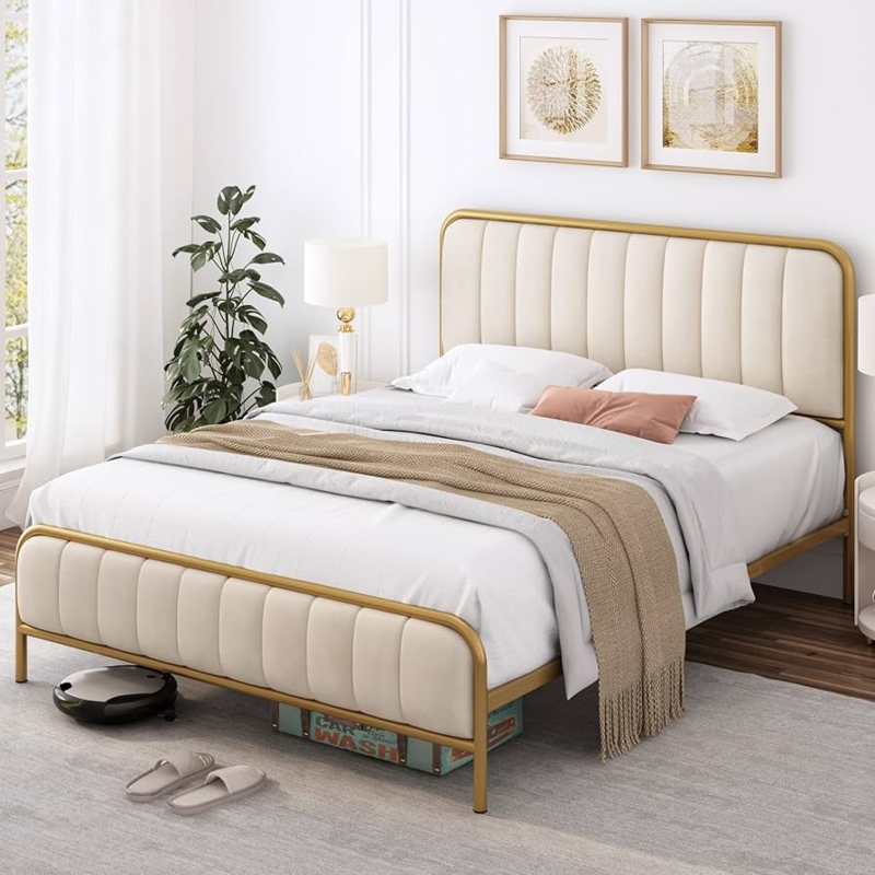 Amazon.com: HITHOS Full Size Bed Frame with Button Tufted Headboard,  Upholstered Heavy Duty Metal Mattress Foundation with Wooden Slats, Easy  Assembly, No Box Spring Needed (Golden/Off White, Full) : Home & Kitchen