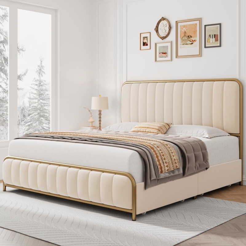 Amazon.com: HITHOS Upholstered Full Size Bed Frame with 4 Storage Drawers  and Headboard, Heavy Duty Metal Mattress Foundation with Wooden Slats, Easy  Assembly, No Box Spring Needed (Golden/Off White, Full) : Home