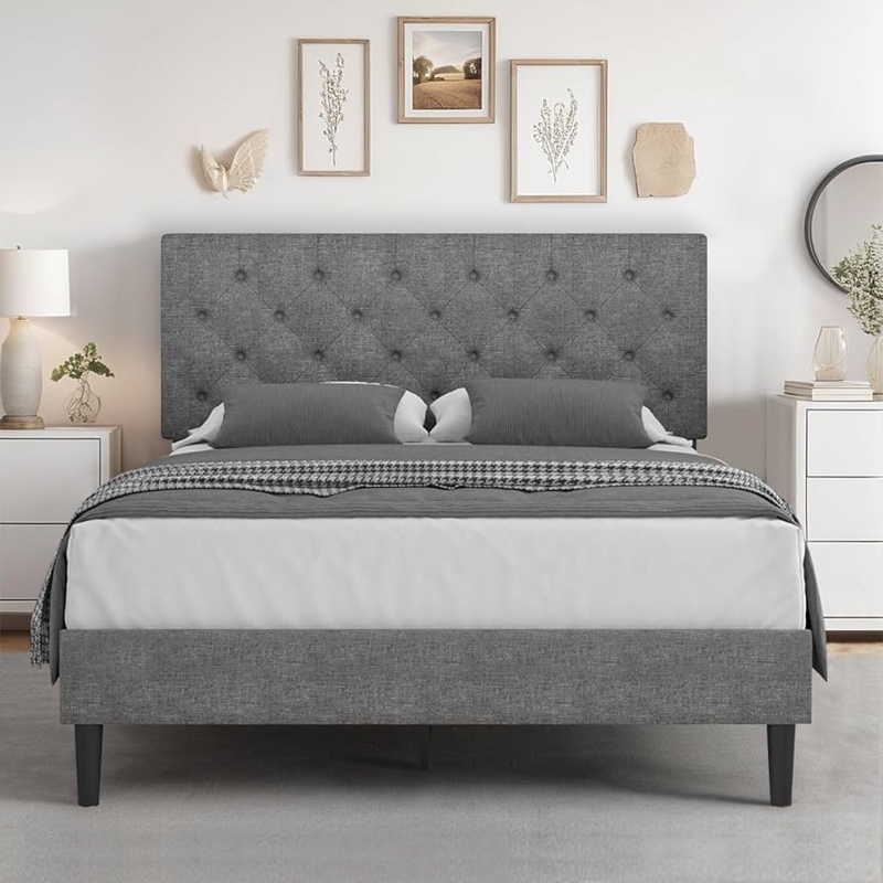 Amazon.com: HOMBCK Full Bed Frame with Headboard, Linen Fabric Upholstered  Bed Frame Full, Grey Bed Frame with Wood Slats, Button Tufted, No Box  Spring Needed, Light Grey : Home & Kitchen