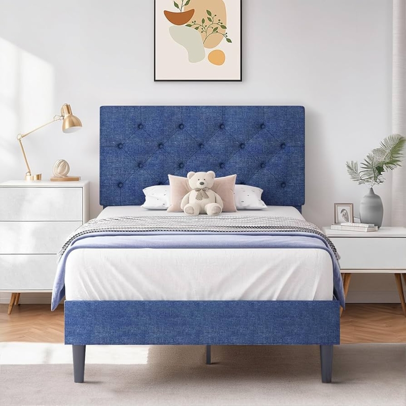 Amazon.com: HOMBCK Twin Size Bed Frame with Adjustable Headboard, Blue  Linen Fabric Upholstered Bed Frame for Kids, Strong Wood Slat Support,  Button Tufted Design, No Box Spring Needed, Blue : Home &
