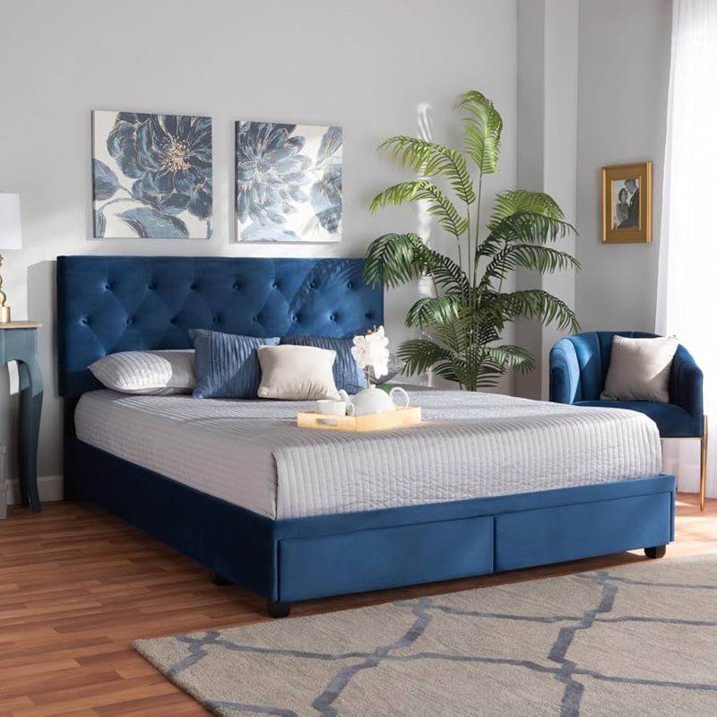 Amazon.com: HomeStock Navy Blue Velvet Queen Bed with StorageModern  Platform Bed Frame, 2 Drawers, Headboard Included 165 : Home & Kitchen