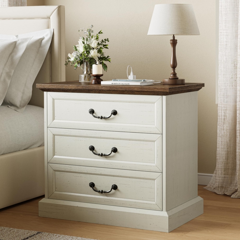 Amazon.com: Huuger Nightstand with Charging Station, 3 Drawer Night Stand,  22 Inch Wider Side Table with Storage, Farmhouse Nightstand with Vintage  Handles, Thicken Base, for Bedroom, Distressed White : Home & Kitchen