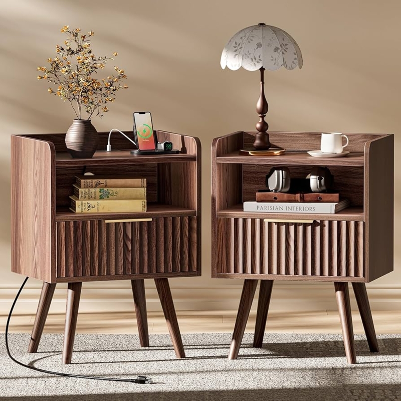 Amazon.com: Huuger Nightstand with Charging Station, USB-C Port, Fluted  Night Stand Set of 2, Bed Side Table with Drawer, Solid Wood Feet, Open  Storage, End Table with Raised Edge, for Bedroom, Walnut :