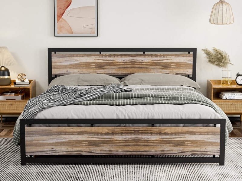 Amazon.com: IKIFLY California King Size Metal Bed Frame/Industrial Cal King  Platform Bed with Wooden Headboard Footboard/Heavy Duty Steel Slats  Support/No Box Spring NeededCal King, Light Brown : Home & Kitchen