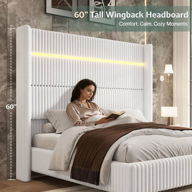 Amazon.com: Jocisland Bed Frame Queen Size Faux-Fur Upholstered Bed 60" Tall  Wingback Headboard with LED Lights/Charging Station/No Box Spring  Needed/White : Home & Kitchen