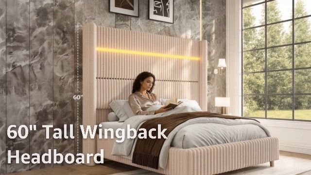 Amazon.com: Jocisland Bed Frame Queen Size Faux-Fur Upholstered Bed 60" Tall  Wingback Headboard with LED Lights/Charging Station/No Box Spring  Needed/White : Home & Kitchen