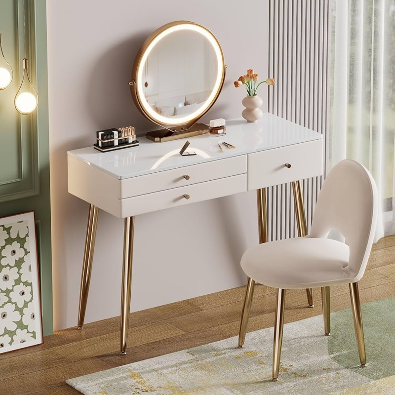 Amazon.com: KDCAS Vanity Desk with Mirror and Lights| 39" Beige Modern Makeup  Vanity Set with Drawers & Adjustable Chair| White and Gold Dressing Table  for Small Spaces & Bedroom : Home &