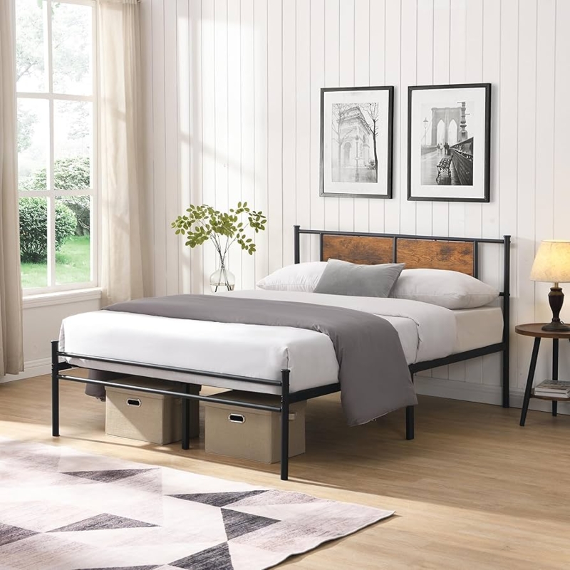 Amazon.com: KEIKI Full Size Metal Platform Bed Frame with Wood Panel  Decoration Headboard and Under Bed Storage, Modern Style Beds with Solid  Slats, No Box Spring Required, Easy Assembly, for Bedrooms, Black :