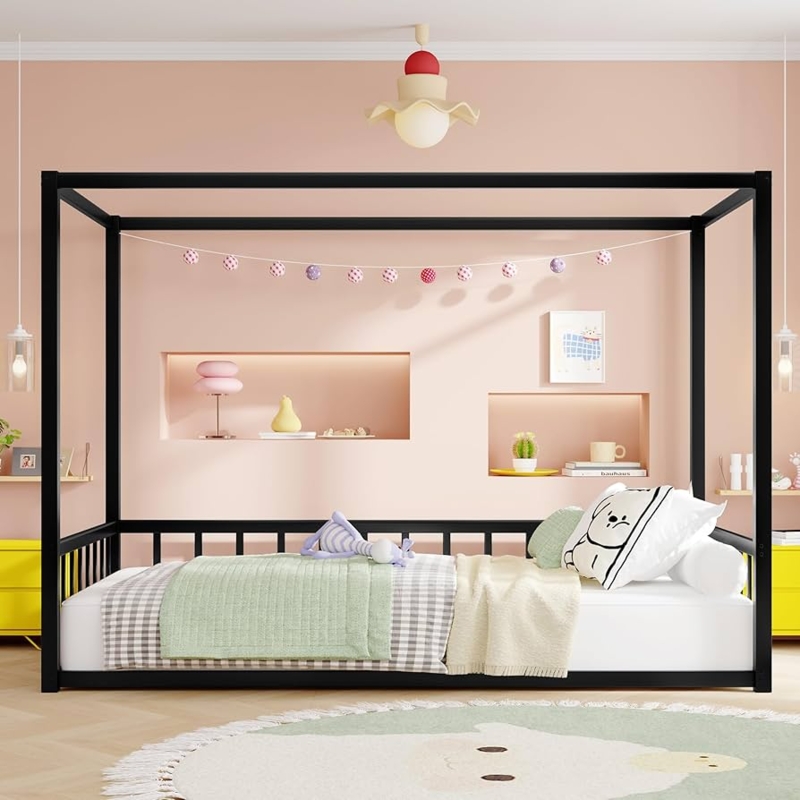 Amazon.com: KT Rolster Floor Bed Twin Size for Kids, Open Floor Bed Frame  with Fence-Style Guardrails, Iron Double-Size Beds Frame, Modern  Low-Profile Twin Beds, Black Frames, Easy Assembly : Home & Kitchen
