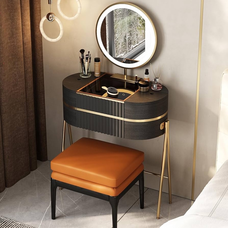 Amazon.com: Lartis Makeup Vanity with Mirror and Lights - with LED  Mirror,Glass Top for Bedroom,Stainless Steel FootWhite Wax Wood Stool :  Home & Kitchen