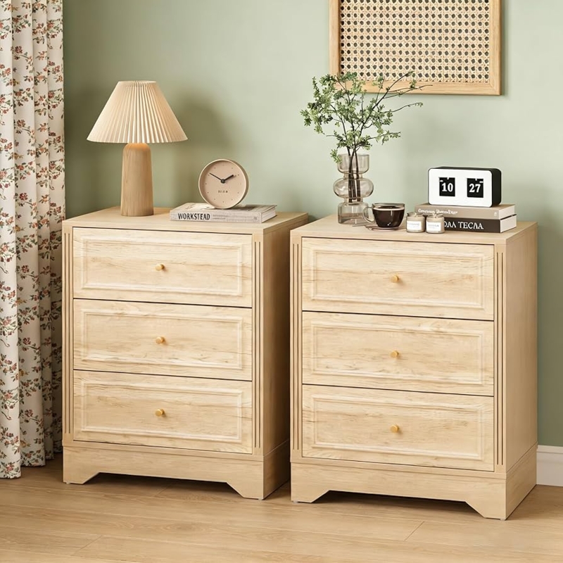 Amazon.com: LEVNARY Nightstand Set of 2, Wooden 3-Drawer Bedside Table with  Carved Sides, 23-inch Wide End Table with Stable Base, Small Dresser Chest  of Drawers for Bedroom Living Room (Natural) : Home