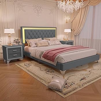 Amazon.com: Linique 3-Pieces Bedroom Sets, Queen Size Velvet Upholstered  Platform Bed Frame with LED Lights and Two Nightstands, Wooden Platform Bed  with Button Tufted Headboard, Grey : Home & Kitchen