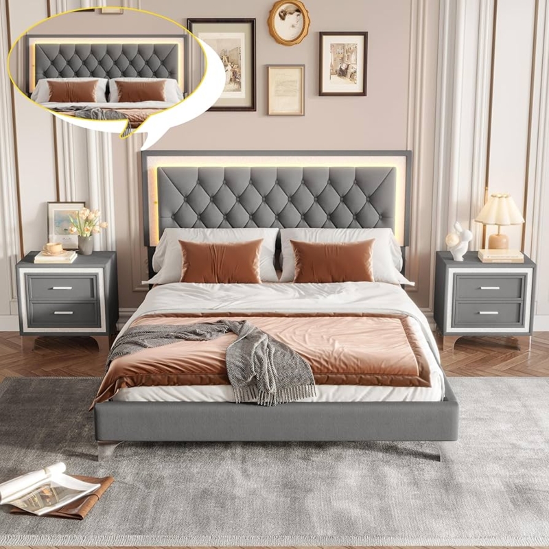 Amazon.com: Linique 3-Pieces Bedroom Sets, Queen Size Velvet Upholstered  Platform Bed Frame with LED Lights and Two Nightstands, Wooden Platform Bed  with Button Tufted Headboard, Grey : Home & Kitchen