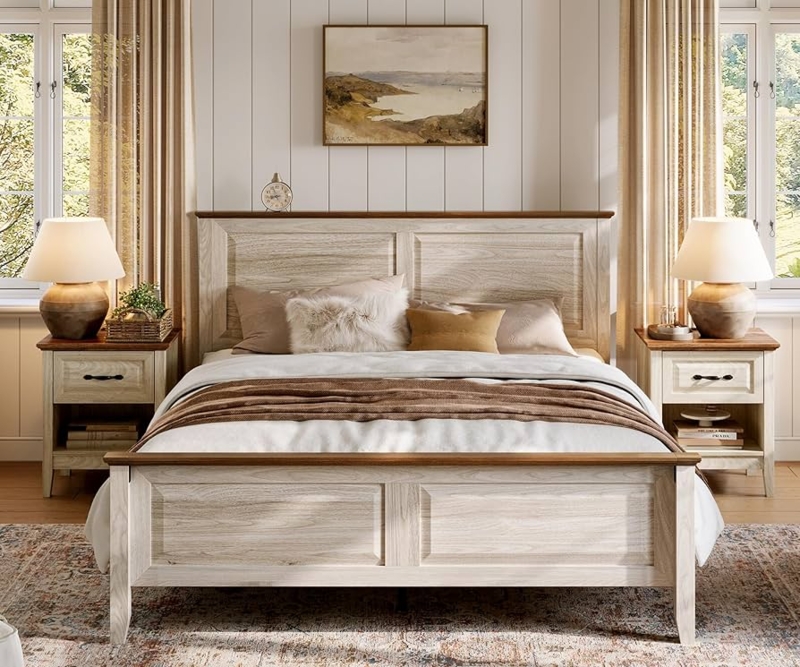Amazon.com: LINSY 3 Piece Farmhouse Bedroom Set, Queen Bedroom Set Include  Wood Queen Bed Frame with High Headboard, Nightstand Set of 2, 3 Piece Wood Bedroom  Furniture Set, Beige : Home & Kitchen