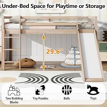 Amazon.com: Low Loft Bed Twin Size with Slide, Twin Loft Bed Frame with  Stairs and Safety Guardrails, Loft Bunk Beds for Kids, Kids Bed with Slide  for Boys and Girls, Rubber Wood,