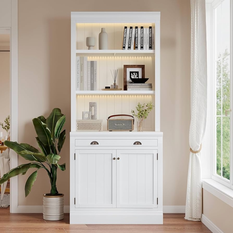 Amazon.com: LUMISOL 83.4" Tall Bookshelf with Drawer and Cabinet,  Freestanding Pantry Sideboard Cabinet with LED Lights, Solid Wood Tall Bookcase  with Open Storage Shelves, White : Home & Kitchen