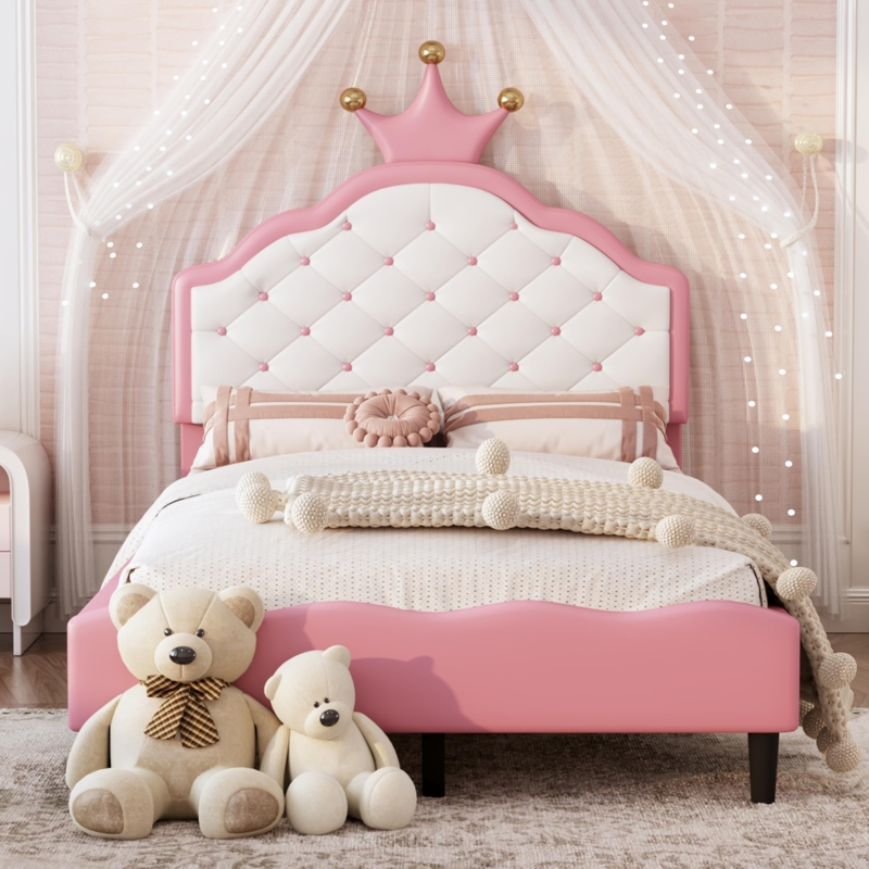 Amazon.com: LUMISOL Twin Size Bed Frame for Kids, Upholstered Princess Bed  Frame with Crown Headboard, PU Leather Platform Bed for Girls, No Box  Spring Needed, Easy Assembly, Pink : Home & Kitchen