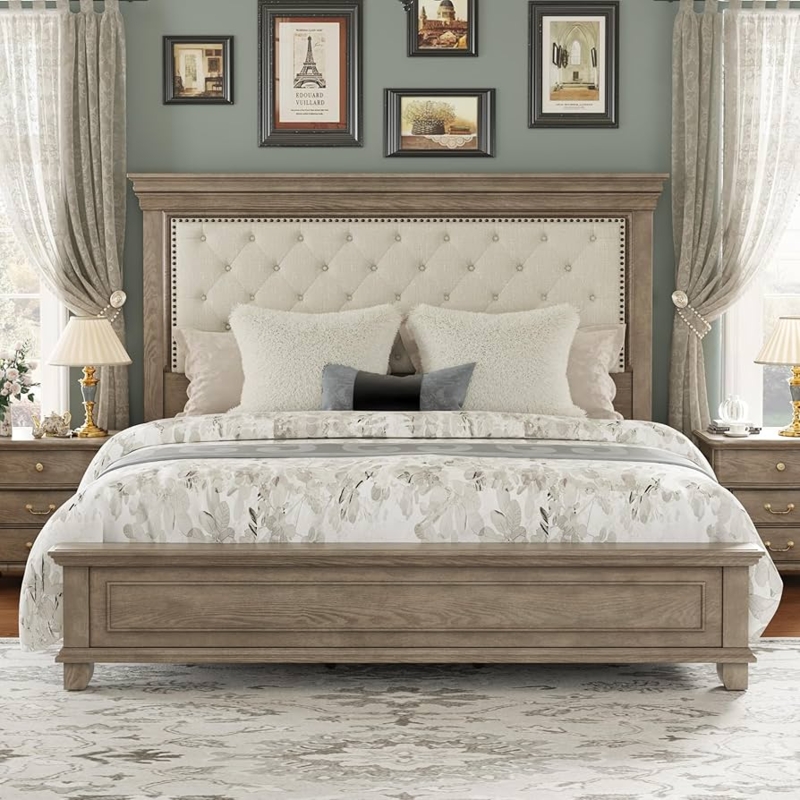 Amazon.com: LUXOAK Solid Pine Wood King Bed Frame with 69" High Upholstered  Headboard, Transitional Style Platform Bed, No Box Spring Needed & Easy  Assembly, Button-Tufted Chenille Fabric, Antique Taupe : Home &
