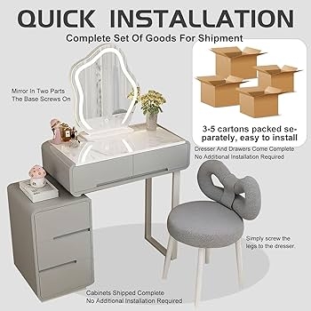 Amazon.com: Make Up Vanity With Chair, Gray Makeup Vanity Desk With Mirror  And Lights 3 Color Led Light Wood Dresser Small Space Vanity 4 Drawers For  Bedroom Set Dressing Room Easy Setup