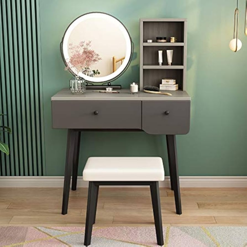 Amazon.com: Makeup Vanity Table Set with Touch Screen Adjustable Lighted  Mirror and Cushioning Stool, 2 Large Drawers with Sliding Rails, 3 Storage  Rack,Easy Assembly (White and Gray) : Home & Kitchen
