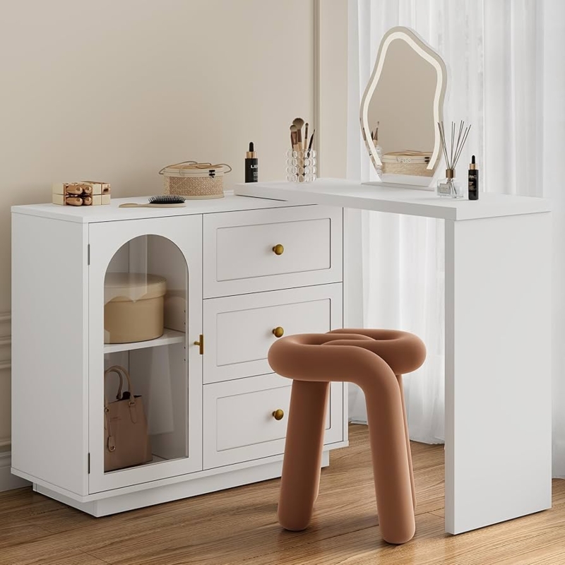 Amazon.com: May in Color Makeup Vanity Desk, Extendable Corner Vanity  Makeup Table with 3 Drawers & 1 Door, Modern Dressing Table for Bedroom,  Vanities for Women/Girls Bedroom (Without Mirror) : Home &