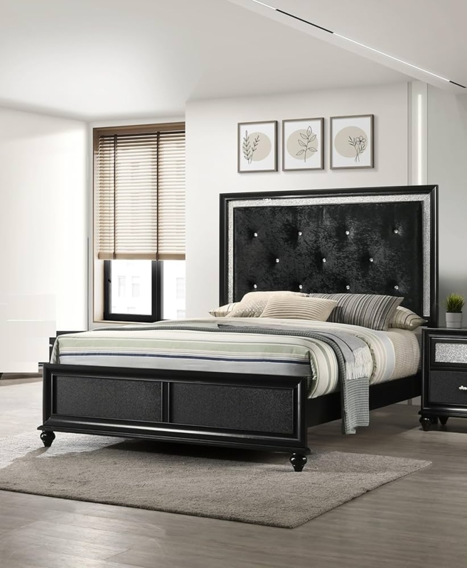Amazon.com: Modern Glam Style Black Upholstered 1pc Full Size Panel Bed  Diamond Patterned Faux Crystal Button Tufted Solid Wood Wooden Bedroom  Furniture : Home & Kitchen